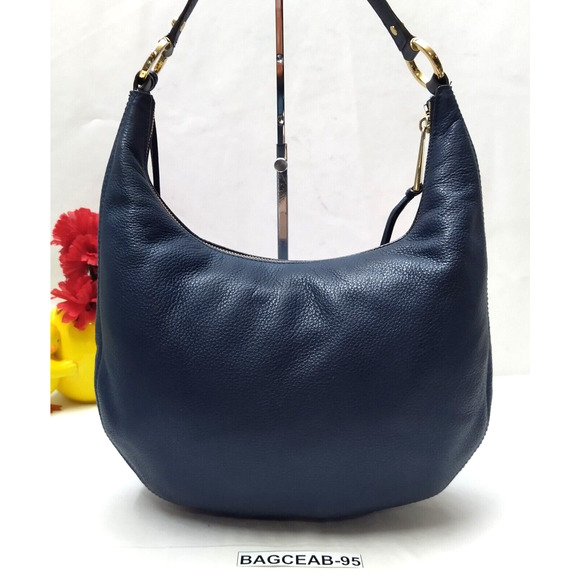 Michael Kors Rhea Blue Pebbled Leather Zipper Pocket Hobo Shoulder Bag - Picture 2 of 16